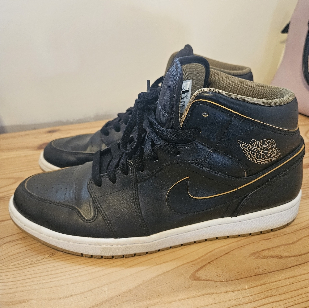 Air Jordan Black And Gold 1 Mid Mens Sneakers